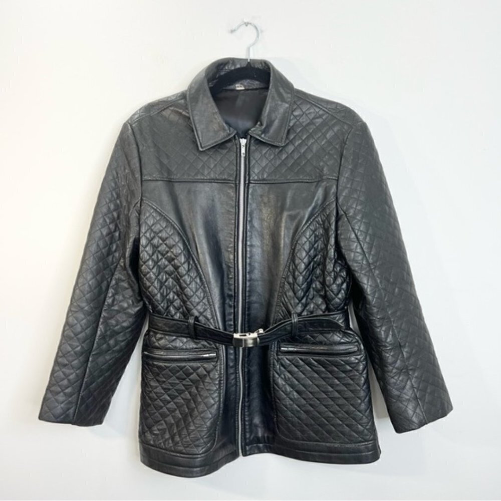 Black quilted leather 3/4 length belted jacket M - Picture 4 of 15